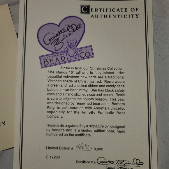 Annette Funicello Rosie Christmas Bear in Original Box W/ COA - Picture 3 of 6